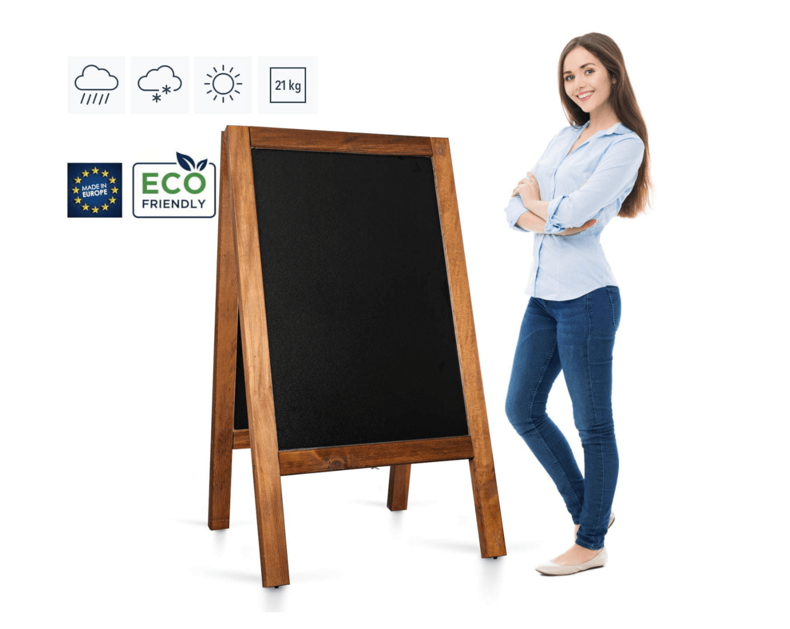 Reklamný drevený stojan Áčko, kriedová tabuľa, vonkajšie použitie 65x118 cm 1 acko drevene outdoor 1
