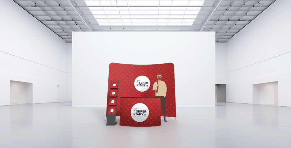 Výstavný stánok SET akciový indoor, textilná stena 240cm, promo stolík a stojan na letáky - BUSINESS 1 SET 2 pozadie2 dn Camera e1737977158450
