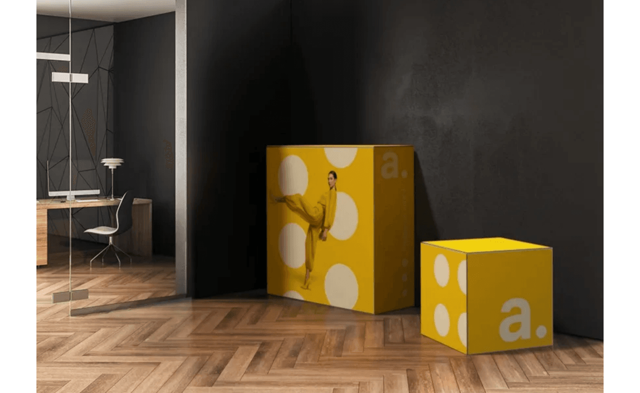 Reklamná kocka, reklamná textilná dekorácia v tvare kocky hranola, alu rám, celopotlač - CUBE FRAME 1 cube free 01656