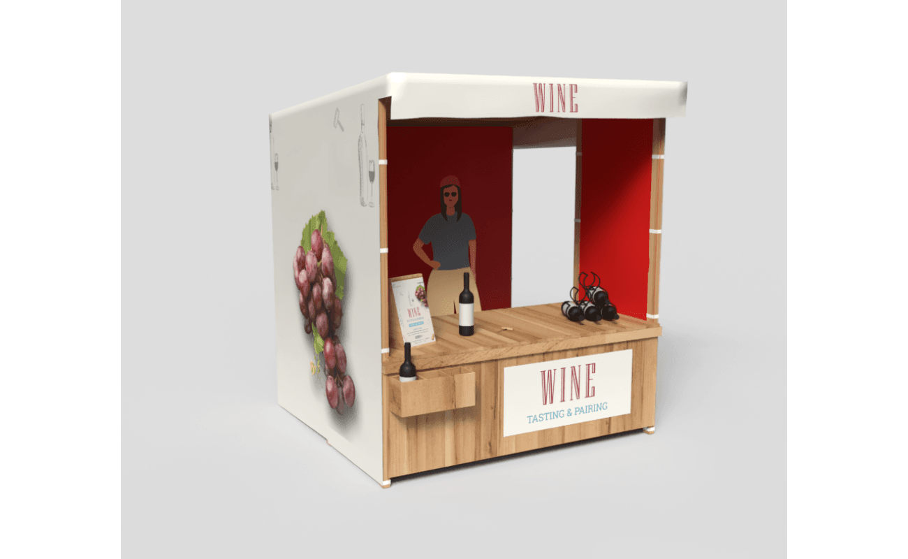 Drevený stánok, predajný pult na trhy a jarmoky, skladací bez náradia, textilné opláštenie – BIG RANCH 2x2m 2 dreveny stanok Vino bordove3 Camera